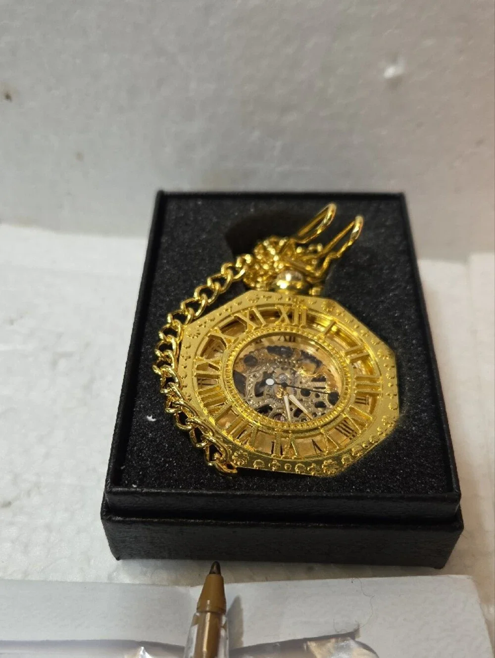 HEXAGONAL MECHANICAL POCJET WATCHROMAN DIAL SKELETON GOLD STEMPUNK FOB CHAIN